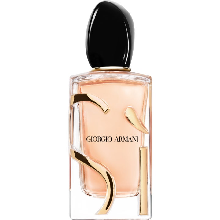 Armani Sì Eau de Parfum 100 ml blommig parfym i glasflaska med guldlogotyp och persikofärgad vätska