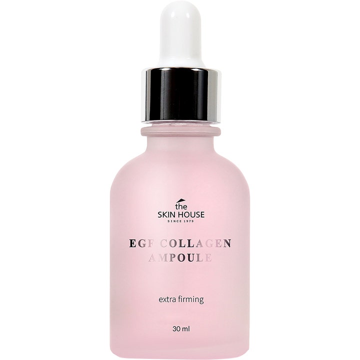 The Skin House EGF Collagen Ampoule 30 ml uppstramande hudvård i rosa frostad glasflaska med silverfärgad pipett.