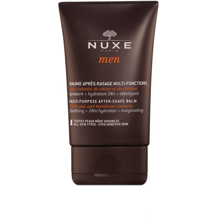 Nuxe Men Multi-Purpose After-Shave Balm lugnande after shave balsam för känslig hud i en mörkbrun tub.
