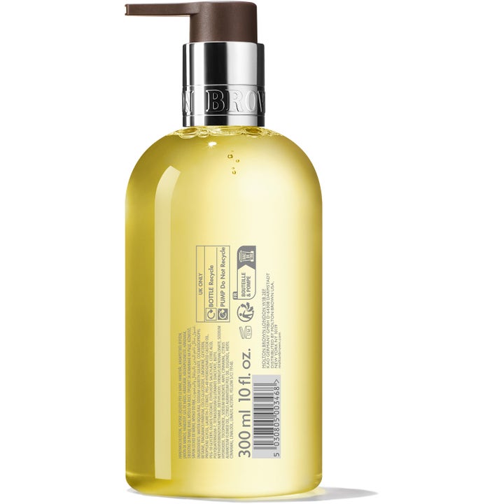 Molton Brown Orange & Bergamot 300 ml lyxig flytande handtvål sedd bakifrån med ingredienser och återvinningssymbol