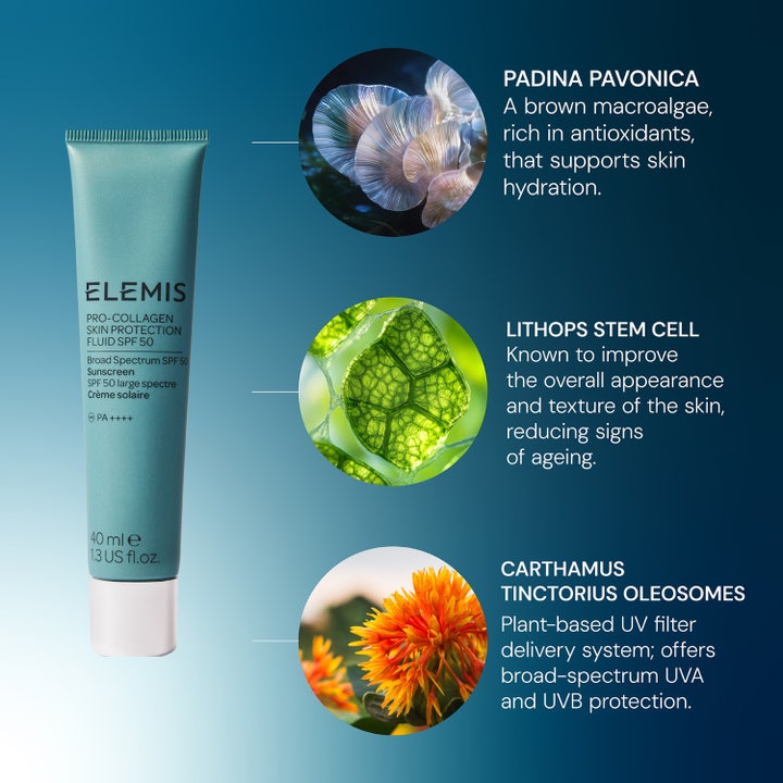 Elemis Pro-Collagen Skin Protection Fluid 40 ml solskydd ansikte spf 50 anti-aging med cirklar som visar ingredienser