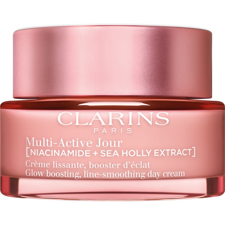 Clarins Multi-Active Jour 50 ml lystergivande dagkräm med niacinamide i en rosa glasburk med matchande metalliskt lock