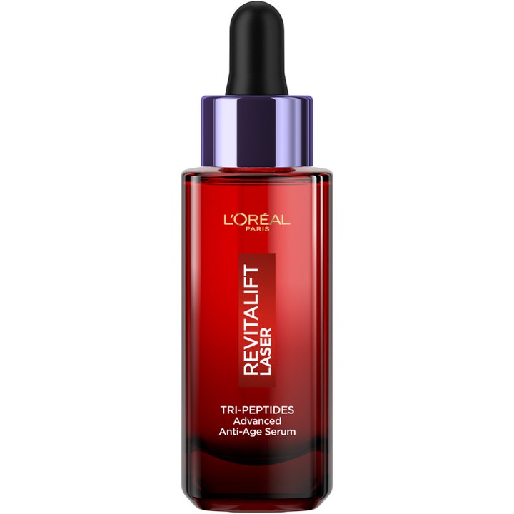 L'Oréal Paris Revitalift Laser 30 ml anti-age serum med anti-rynk peptid i röd glasflaska med lila pipettlock