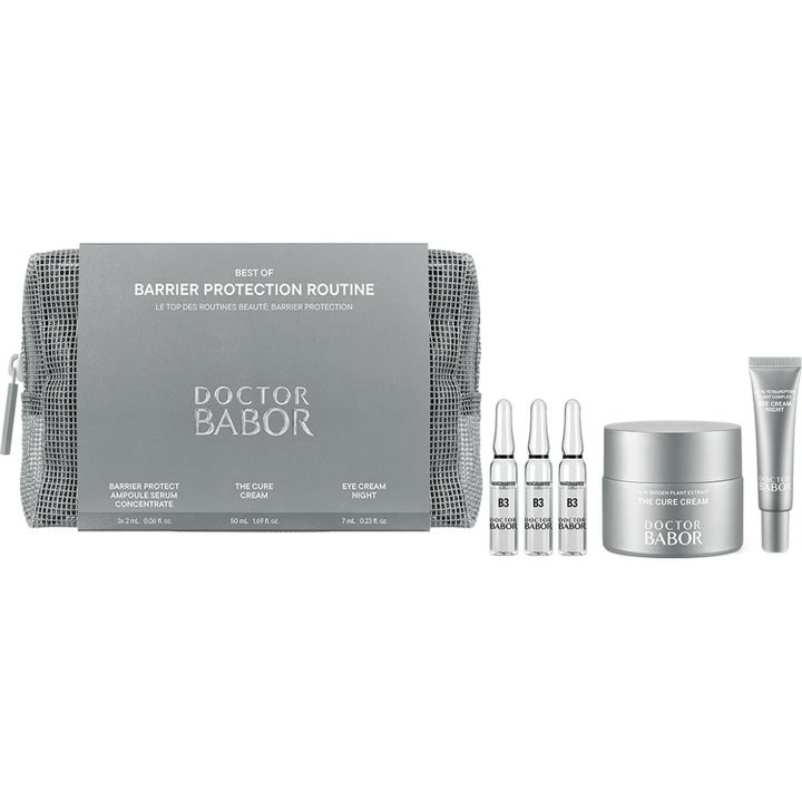 Doctor Babor Best of Barrier Protection Routine stärkande hudvårdsset med ampuller och ansiktskräm i en grå meshnecessär.