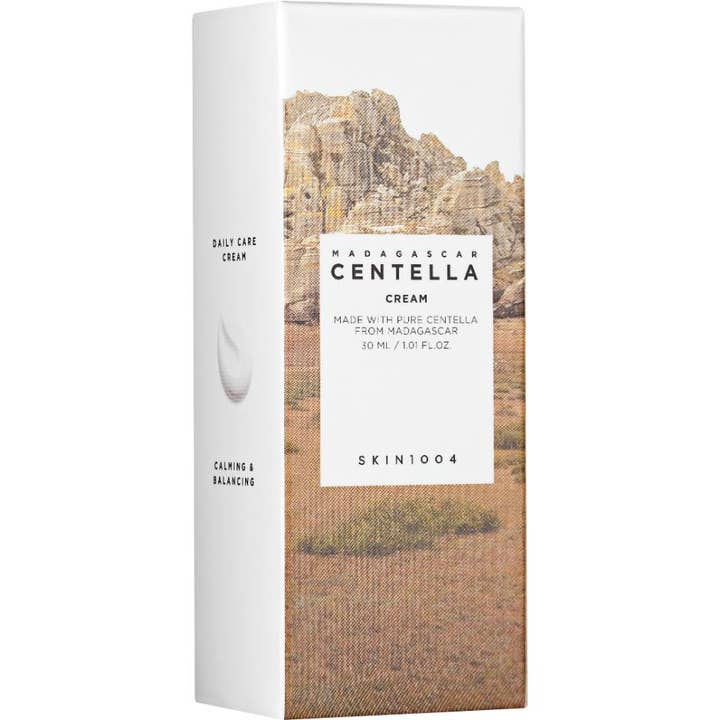 SKIN1004 Madagascar Centella Cream 30 ml anti-inflammatorisk cica cream i vit ytterkartong med landskapsbild
