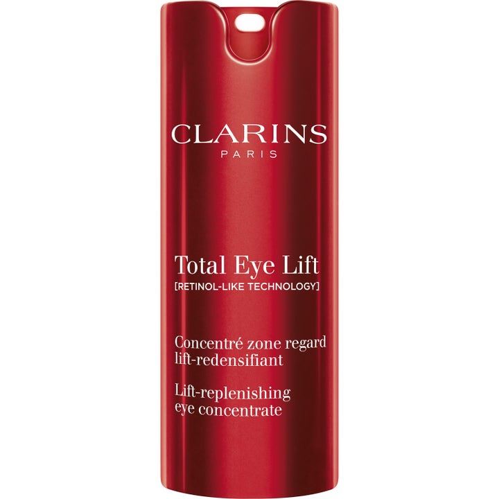 Clarins Total Eye Lift 15 ml lyftande ögonkoncentrat i djupröd metallisk pumpflaska med vit text.