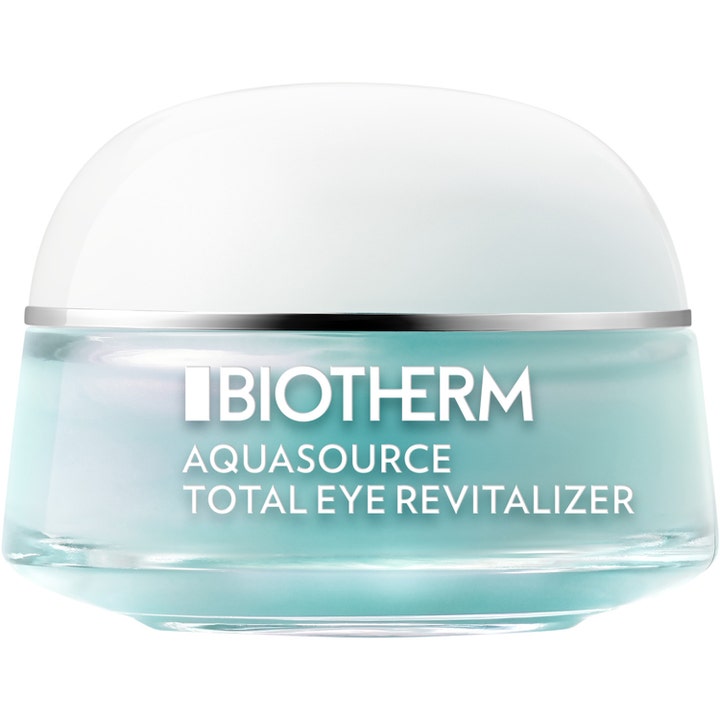 Biotherm Aquasource Total Eye Revitalizer 15ml lystergivande ögonkräm mot mörka ringar i ljusblå glasburk med vitt lock