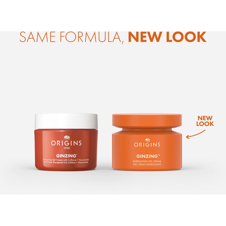 Origins Ginzing Energizing Gel Face Cream 50 ml ansiktsgel med koffein visar gammal och ny orange burkdesign.