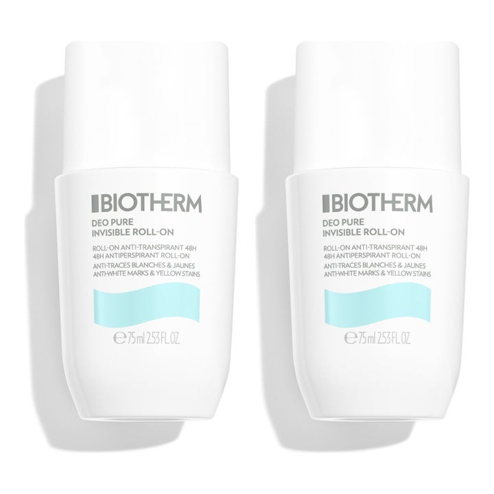 Biotherm Deo Pure Invisible Roll-on 2x75 ml motverkar vita fläckar i två vita förpackningar.