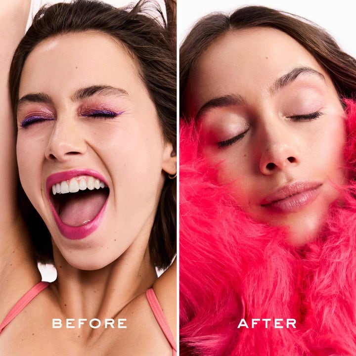 Nuxe Very Rose Biphase Makeup Remover 100 ml rengöring tar bort färgstarkt smink visat i en före och efterbild