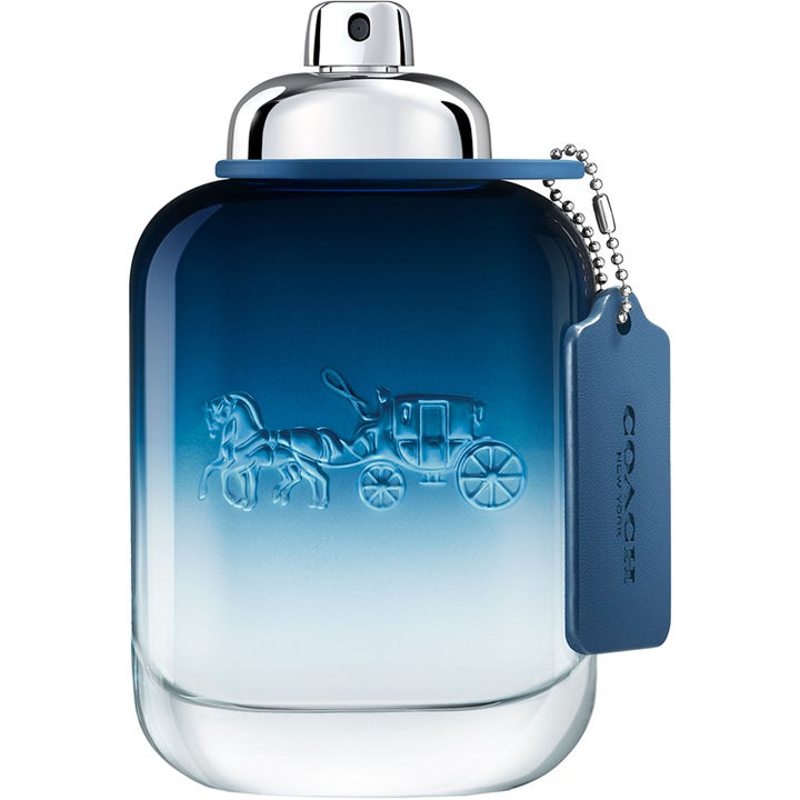 COACH Blue Eau de Toilette 40 ml herrparfym i blå tonad glasflaska med präglad logotyp och hängande blå läderbricka