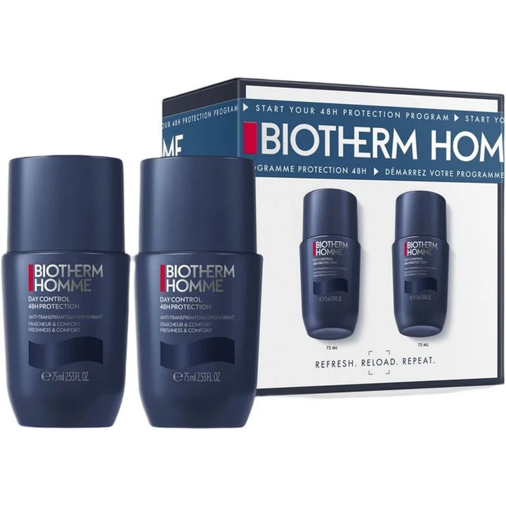 Biotherm Homme Day Control 48H 2 x 75 ml deodorant ger effektivt skydd i mörkblå roll-on flaskor med tillhörande box