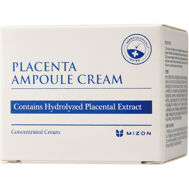 Mizon Placenta Ampoule Cream 50 ml antiaging placenta kräm i vit ytterbox med blå text och logotyp.