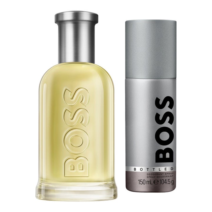 Hugo Boss Boss Bottled Paket 350ml maskulin parfym med EdT i transparent glasflaska och deospray i grå metallbehållare