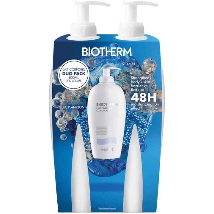 Biotherm Lait Corporel Duo Pack 800ml återfuktande bodylotion med pumpflaskor i blått och vitt ytterfodral