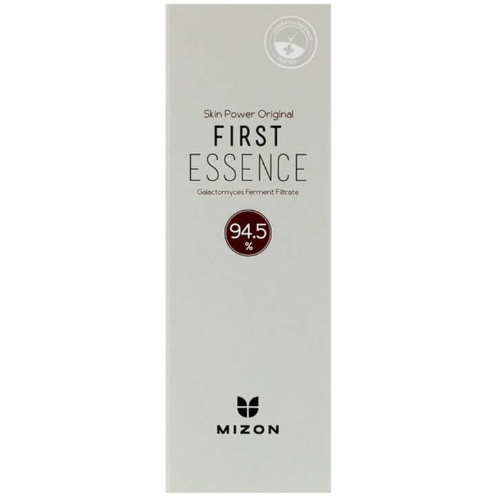 Mizon Skin Power Original First Essence fermenterad ansiktsessens i grå ytterkartong med ikon för 94.5 procent