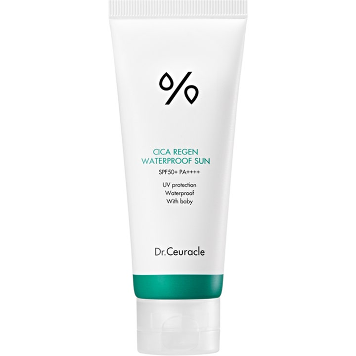 Dr. Ceuracle Cica Regen Waterproof Sun 100 ml är en vattentät solkräm för känslig hud i ansiktet i vit tub.