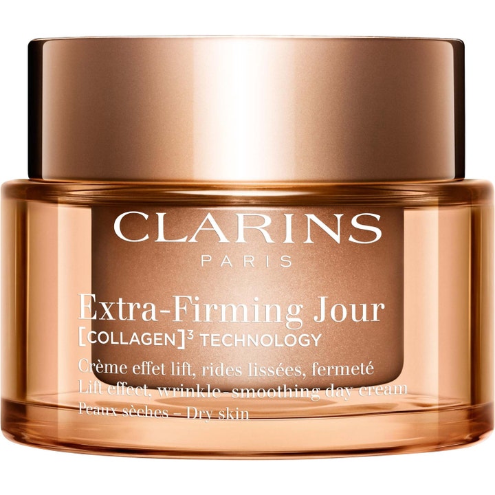 Clarins Extra-Firming Jour lyftkräm extra-firming ger anti rynka effekt i en bärnstensfärgad glasburk med bronslock.