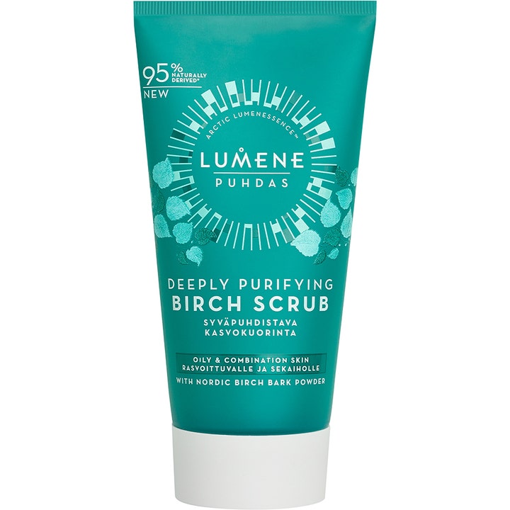 Lumene Puhdas Deeply Purifying Birch Scrub djuprengörande scrub i turkos plasttub med motiv av björklöv.