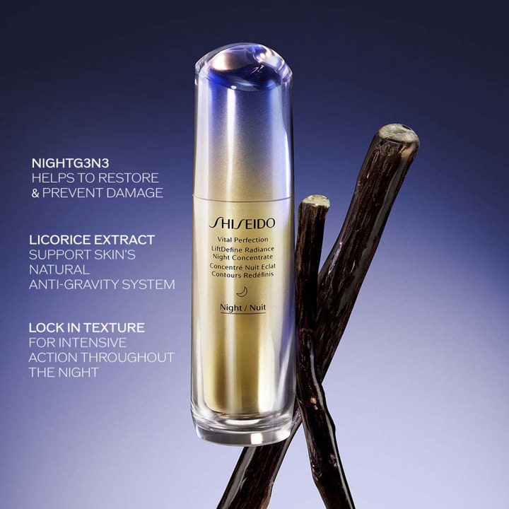 Shiseido Vital Perfection 80 ml uppstramande ansiktskräm nattkoncentrat i guldflaska med lakritsrot