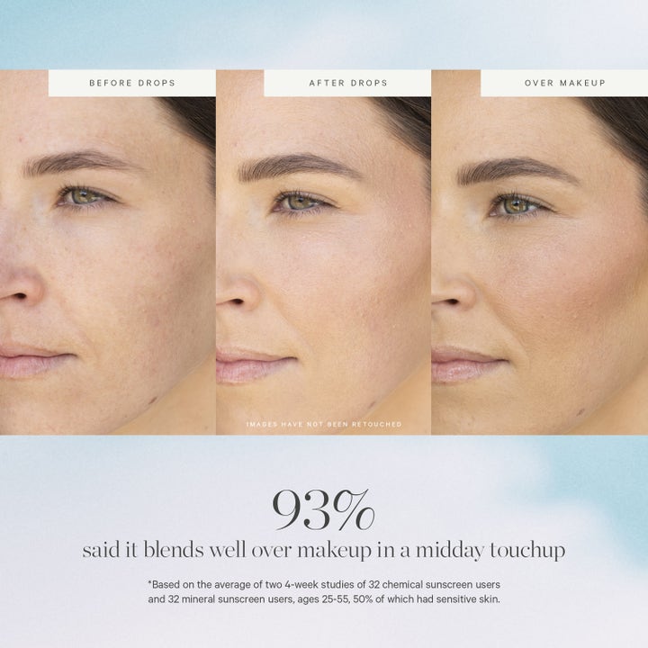KORA Organics Silky Sun Drops 30 ml mineral serum visar resultat före och efter applicering över smink för jämn hy.