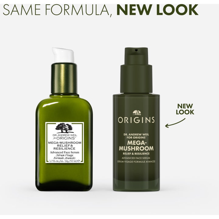 Origins Mega-Mushroom Face Serum 50 ml visar gammal och ny design på lugnande ansiktsserum i grön flaska.