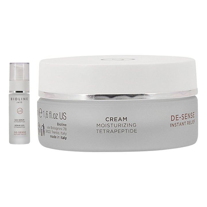 Bioline Jatò De-Sense Instant Relief SOS lugnande hudvård med serum i pumpflaska och kräm i frostad glasburk.