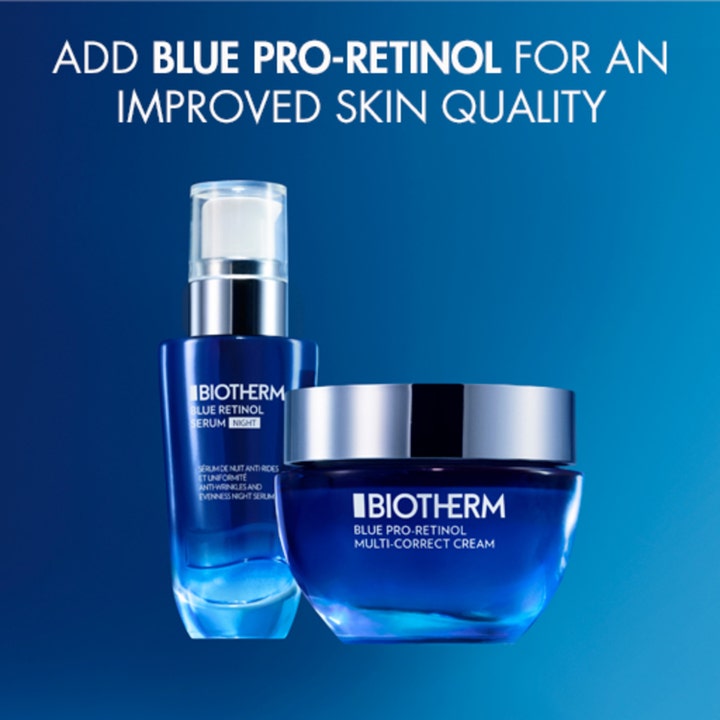 Biotherm Blue Retinol Serum Night 30 ml antiaging hudvård nattetid i blå glasflaska bredvid matchande kräm