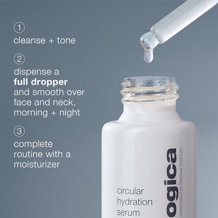 Dermalogica Circular Hydration Serum 59 ml återfuktande serum i vit flaska med pipett och stegvis rutinbeskrivning