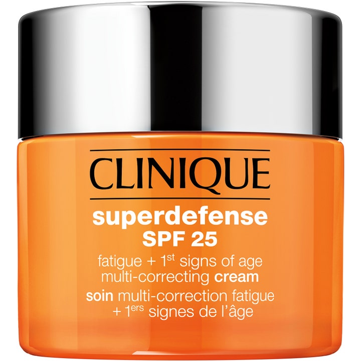 Clinique Superdefense SPF 25 anti-trötthet dagkräm med solskydd i en klar orange burk med glänsande silverlock.