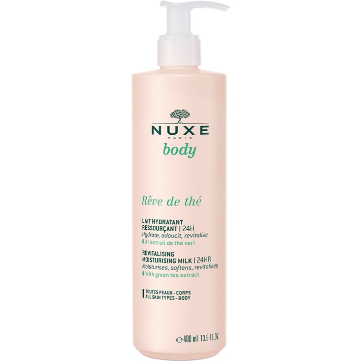 Nuxe Body Rêve de Thé 400 ml återfuktande body milk med grönt te-extrakt i ljusrosa plastflaska med vit pump
