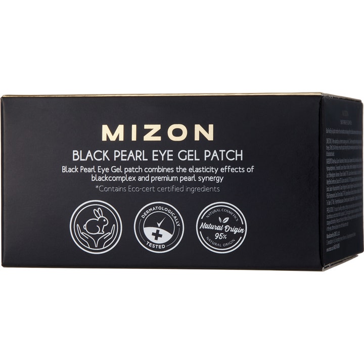 Mizon Black Pearl Eye Gel Patch 84 g Mizon ögonmask i svart kartong med guldskrift och ikoner för naturligt ursprung.