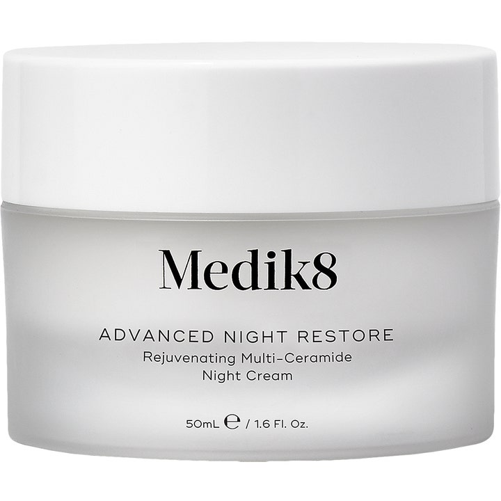 Medik8 Advanced Night Restore 50ml återfuktande anti-aging nattkräm med ceramider i frostad glasburk med vitt lock