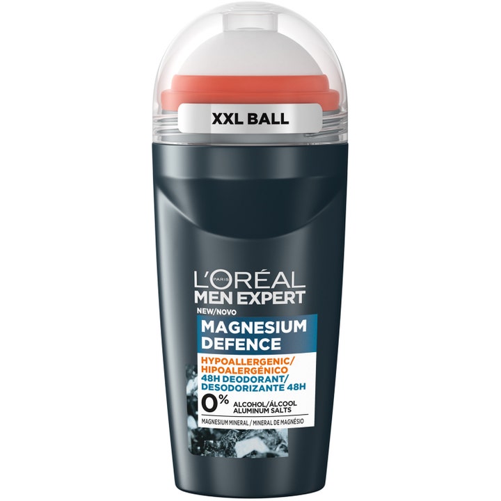 L’Oréal Men Expert Magnesium Defence 48h deodorant män är en hypoallergenic deo i svart roll-on med stor vit XXL-kula.