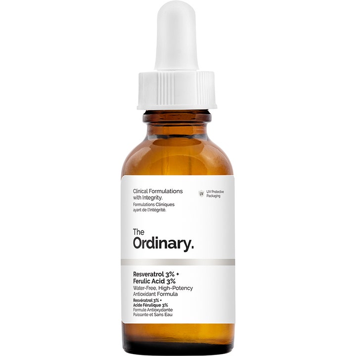 The Ordinary Resveratrol 3% + Ferulic Acid 3% 30ml ger antioxidant hudvård i en bärnstensfärgad glasflaska med vit pipett
