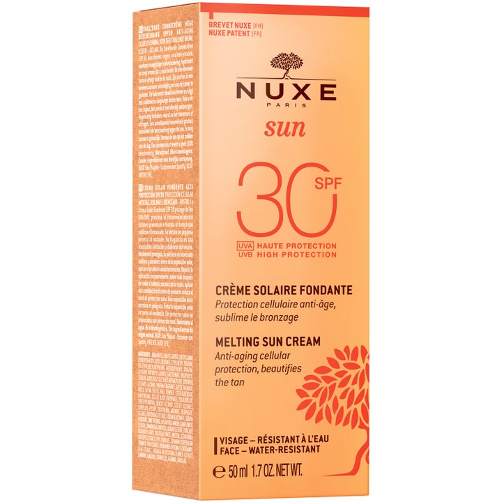 Nuxe Sun Delicious Cream for Face 50 ml ger anti-aging solskydd i en orange ytterförpackning med tydlig text nuxe spf30