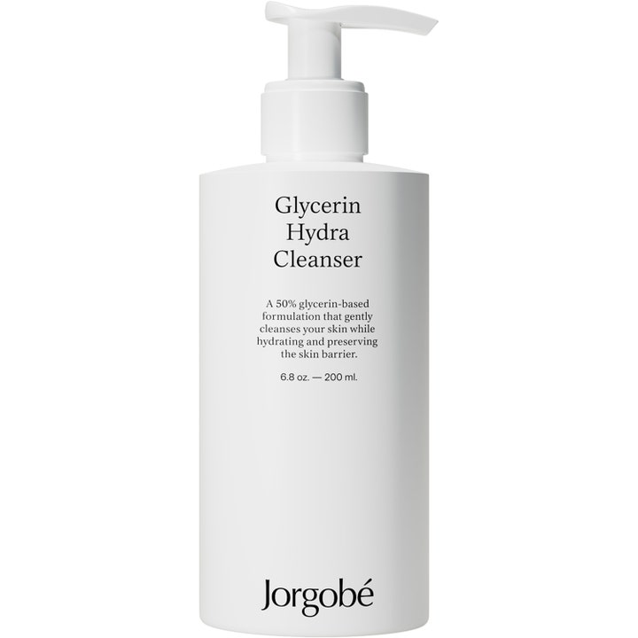 Jorgobé Glycerin Hydra Cleanser 200 ml daglig ansiktsrengöring som ger glycerin hydrering i vit flaska med pump.