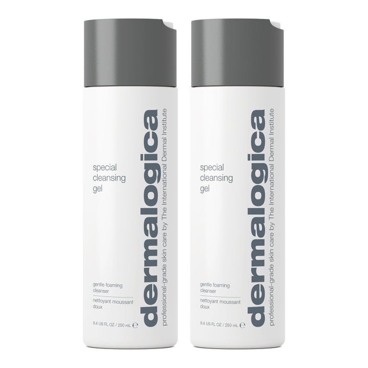 Dermalogica Special Cleansing Gel 250 ml mild löddrande ansiktsrengöring i två vita flaskor med grå korkar