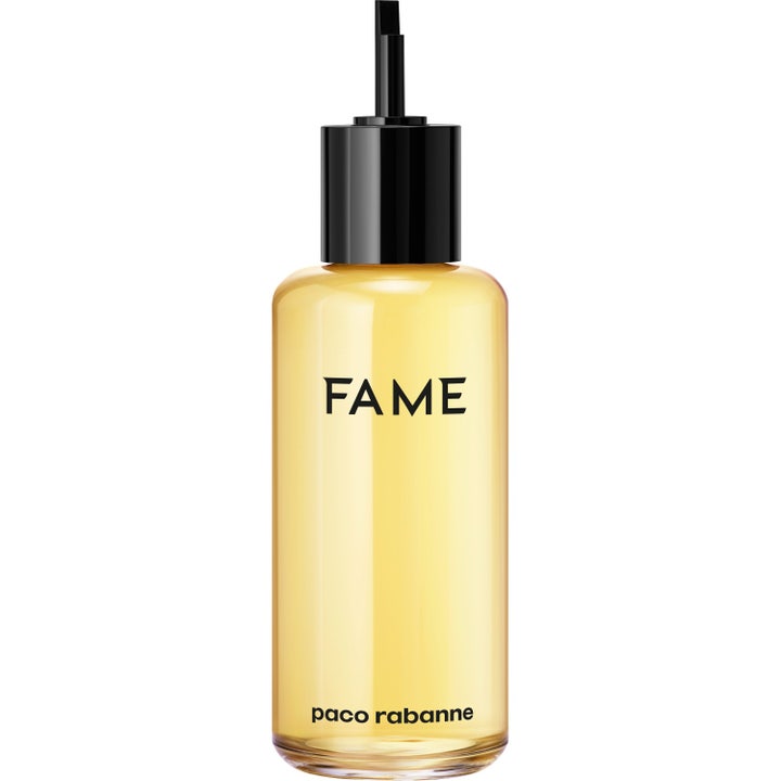 Rabanne Fame Eau de Parfum Refill 200 ml hållbar parfymlösning påfyllning med gul vätska i genomskinlig flaska