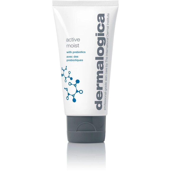 Dermalogica Active Moist aktiv fuktkräm ansikte som ger fukt i en vit tub med grått lock och blå grafik