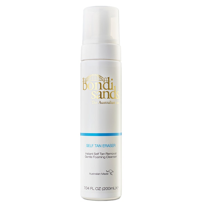 Bondi Sands Self Tan Eraser 200ml för selftan borttagning i vit pumpflaska med guldlogga och blå detaljer.
