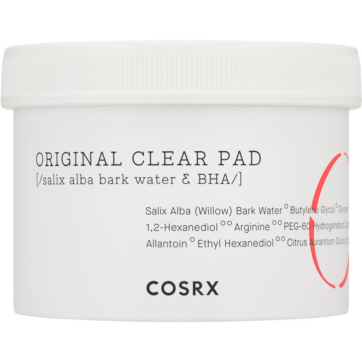 COSRX Original Clear Pad 70 st bha exfoliering pads för aknebehandling COSRX i en vit plastburk med röd grafik