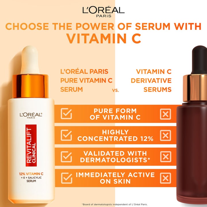 L'Oréal Paris Vitamin C Serum 30 ml infografik jämför ren vitamin C med derivat för att motverka fina linjer