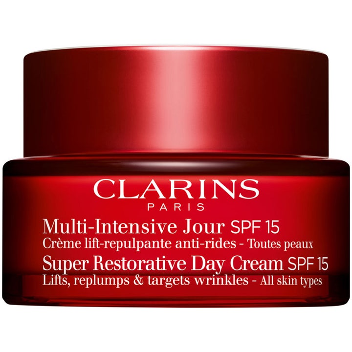 Clarins Super Restorative Day Cream SPF 15 dagkräm med SPF för mogen hud i röd glasburk som ger en lyftande effekt.