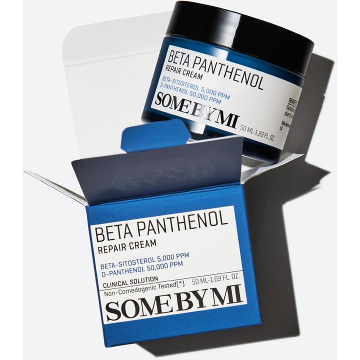 Some By Mi Beta Panthenol Repair Cream 50 ml reparerande panthenol kräm i blå burk med öppen ytterförpackning.