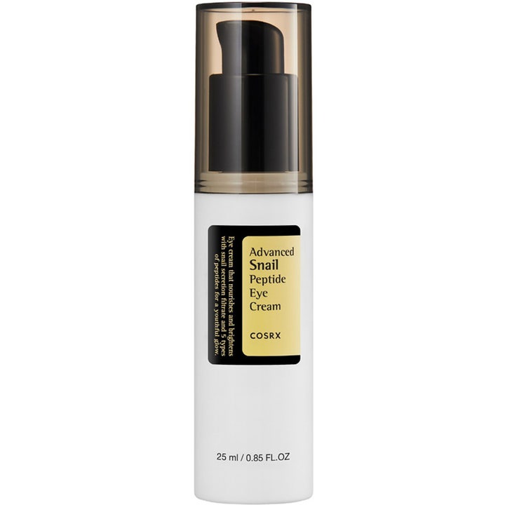 COSRX Advanced Snail Peptide Eye Cream 25 ml lystergivande ögonkräm med snigelslem i vit pumpflaska med brunt lock.