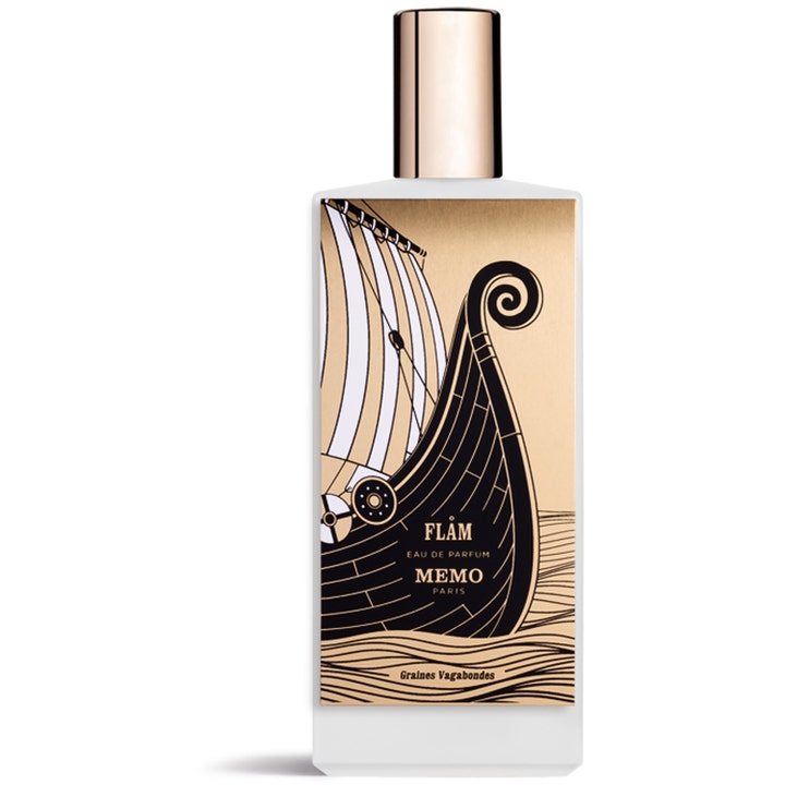 Memo Paris Flam 75 ml eau de parfum niche i vit flaska med guldkork och motiv av ett vikingaskepp på guldplatta