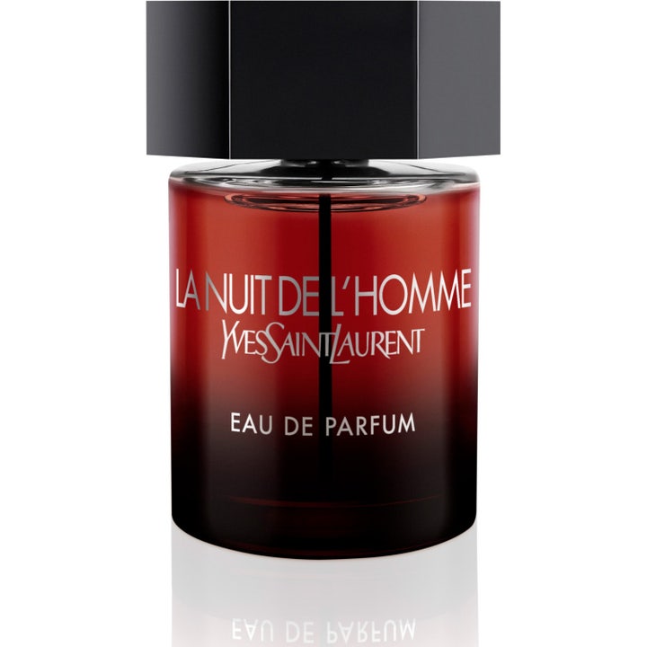 Yves Saint Laurent La Nuit De l'Homme 100 ml herrparfym i rödtonad glasflaska med stort svart sexkantigt lock