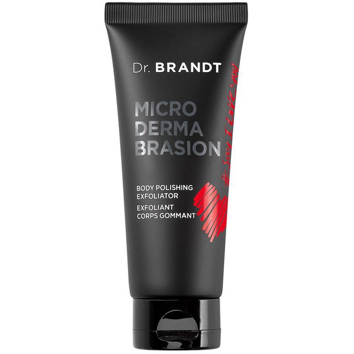 Dr. Brandt Microdermabrasion Body Polishing Exfoliator dr brandt kroppspeeling i svart tub med rött mönster ger len hud.
