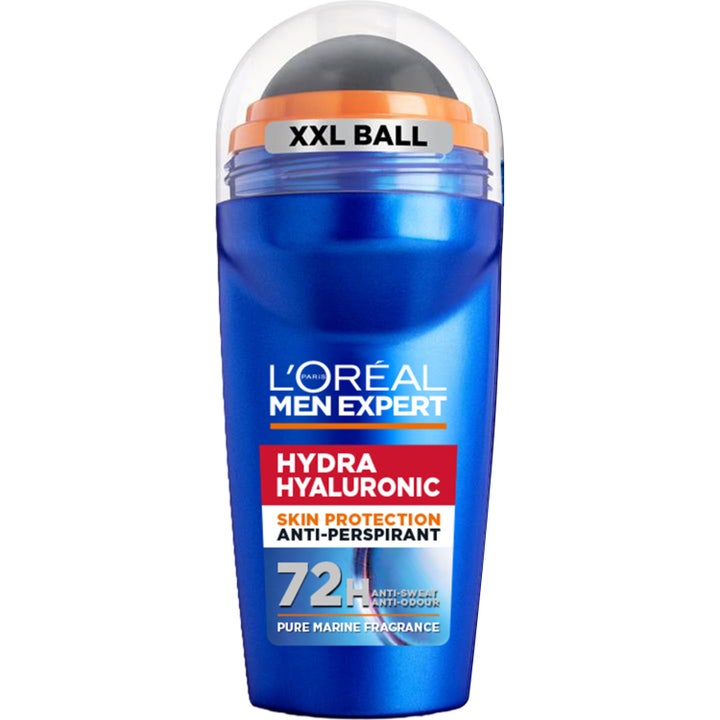L'Oréal Men Expert Hydra Hyaluronic skyddande anti-perspirant roll-on i blå plastflaska med orange detalj och svart kula.